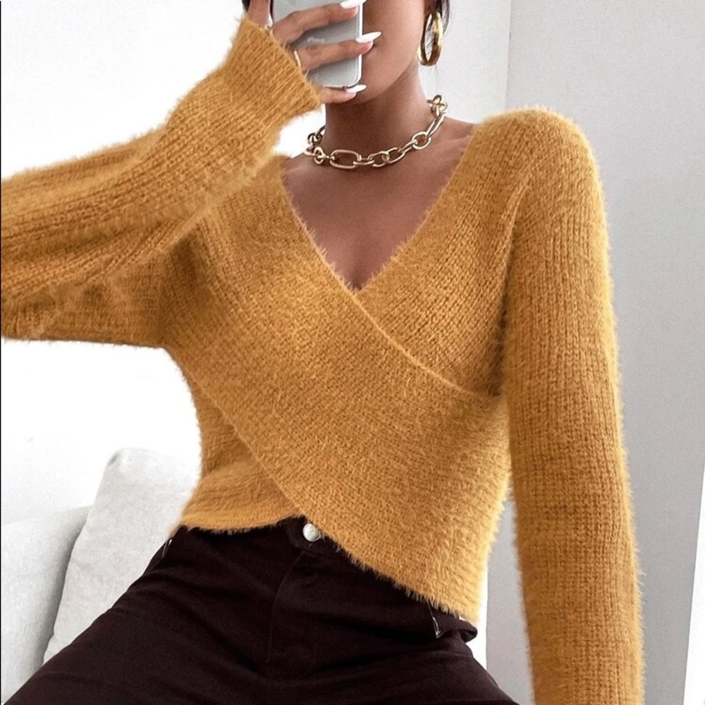 Cross Wrap Drop Shoulder Fluffy Knit Sweater - Picture 2 of 3